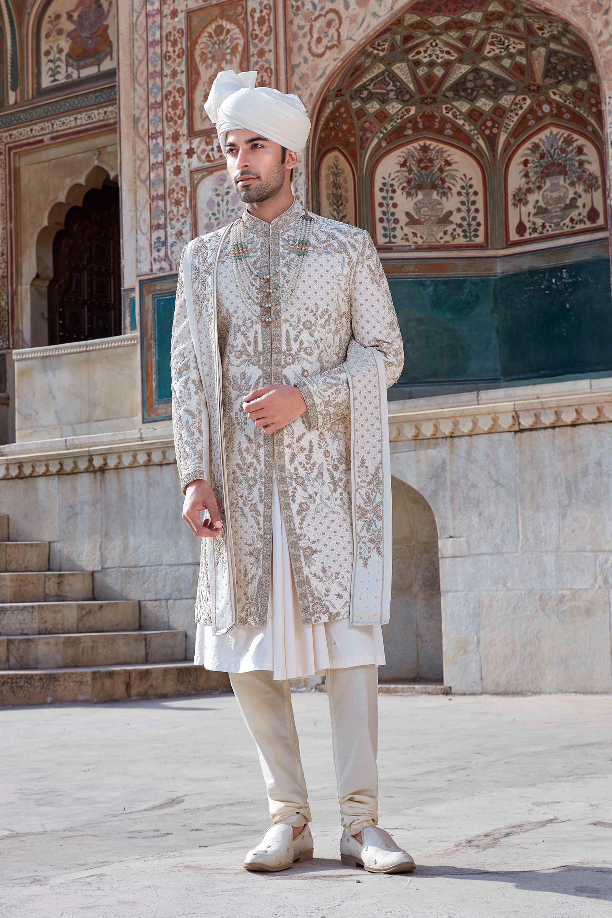 Cream Taffeta Sherwani Applique And Zardozi Jaal Set