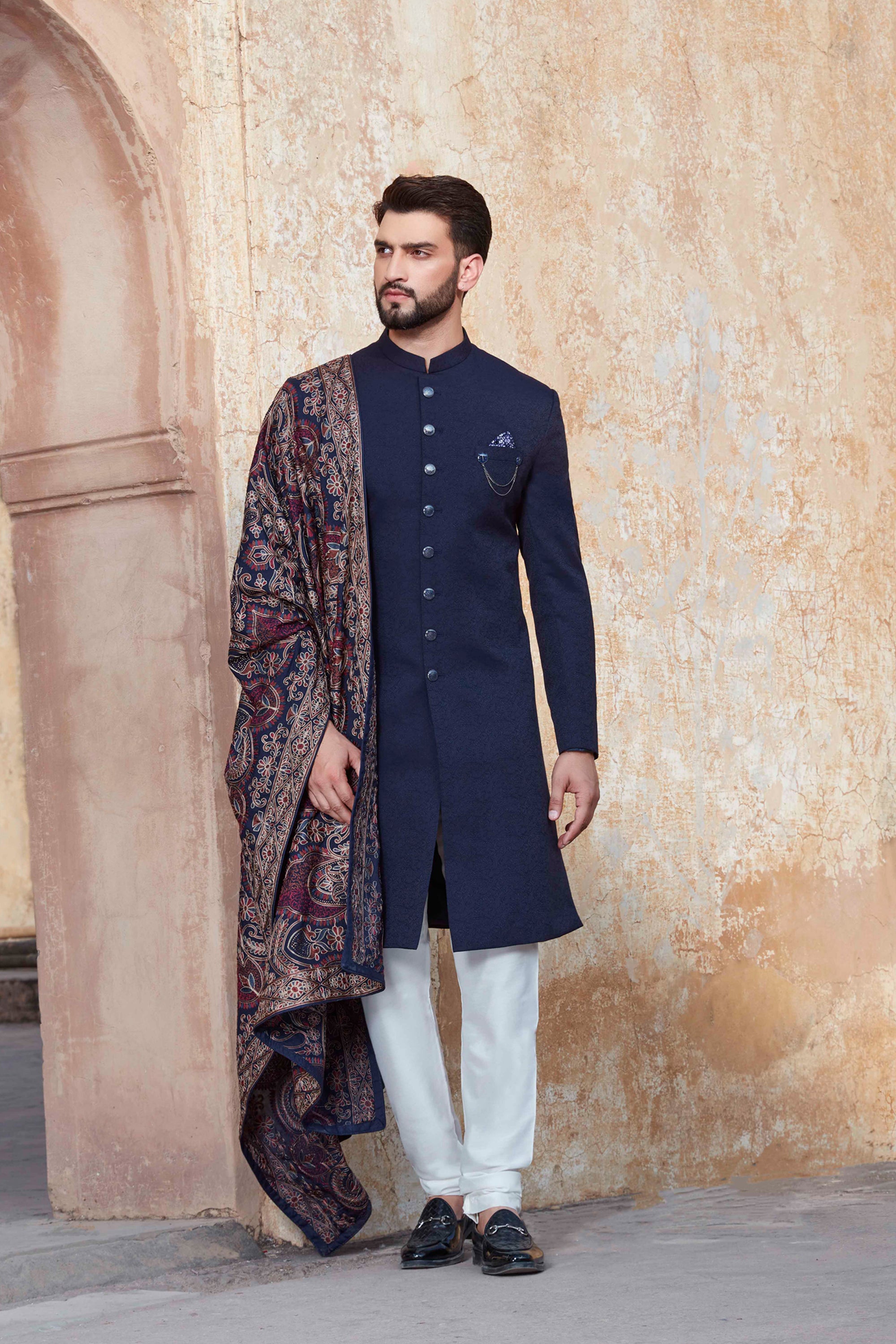 Blue Indo Western Dress Men NAVY BLUE INDO-WESTERN NAWABIS SET WITH SHAWLS