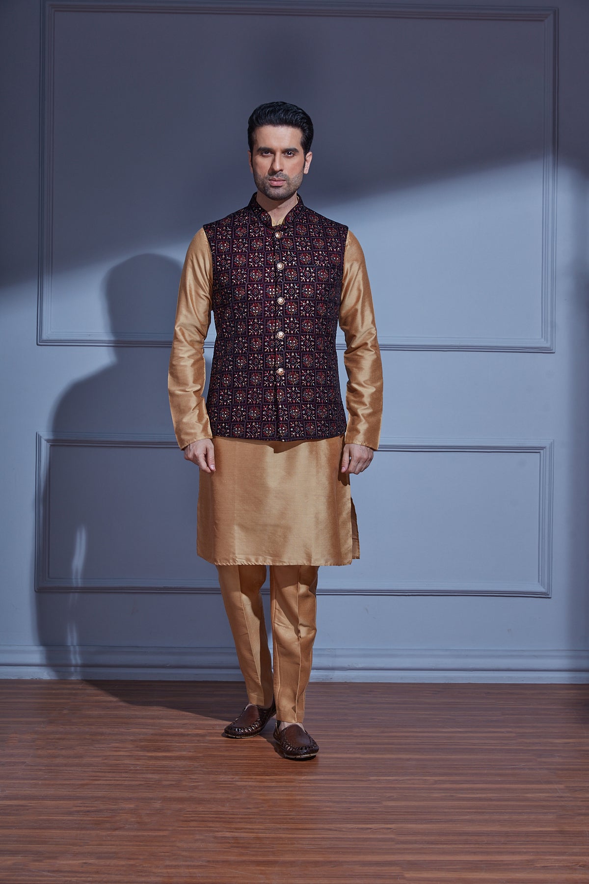 DARK WINE VELVET JACKET WITH ALL OVER EMBROIDERY AND SOLID GOLD KURTA SET
