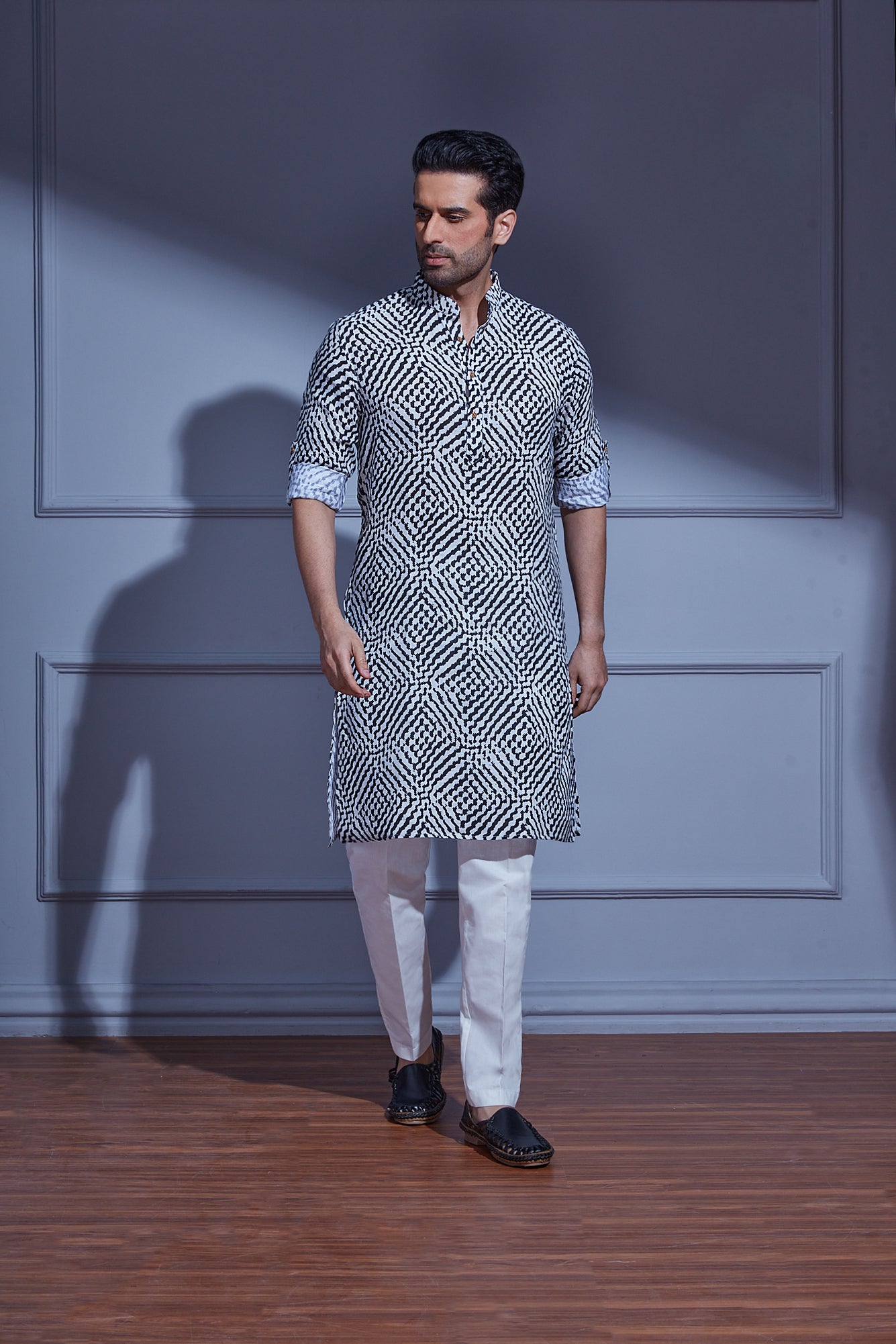 Black and White Checker Kurta and Tights Set