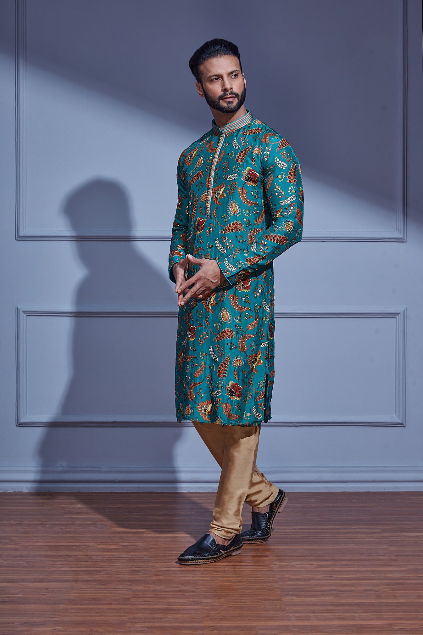 Teal Solid Tiered Kurta with Trouser and Dupatta