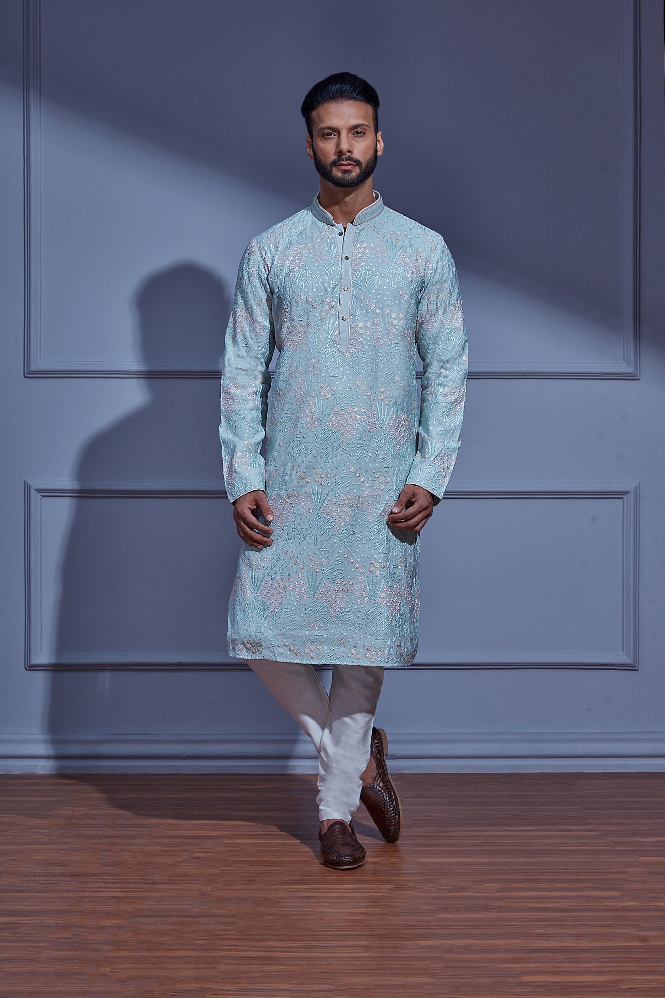 Powderblue Cambric Printed  Flared Kurta Sets