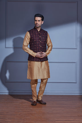 DARK WINE VELVET JACKET WITH ALL OVER EMBROIDERY AND SOLID GOLD KURTA SET
