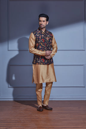 JAGUAR BLACK PRINTED JAKET WITH SOLID GOLD KURTA SET