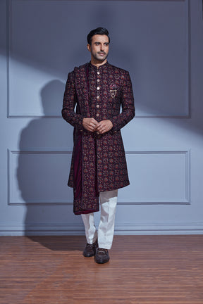 WINE RED VELVET NAWABI INDO-WESTERN